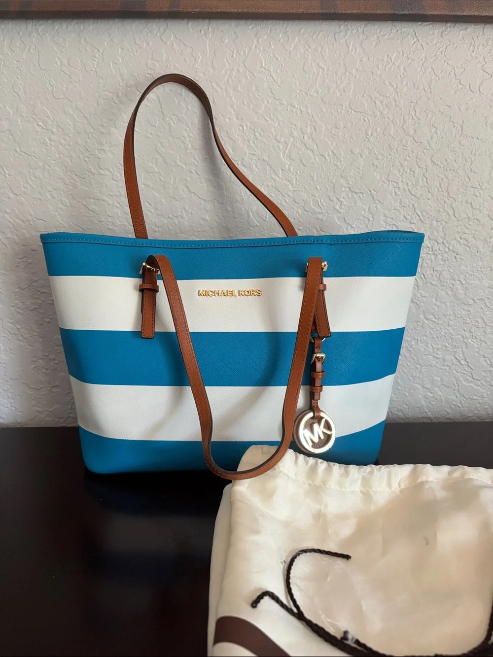 Michael Kors Turquoise & White Striped Medium Tote with Brown Straps